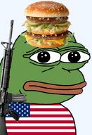 american_flag amphibian assault_rifle bald beef bread bun cheese closed_mouth clothes country cow fast_food flag flag:united_states food frog green_skin gun hamburger irl lettuce lips looking_at_you m16 mcdonalds nas nas:pepe neutral pepe_the_frog pickle rifle sauce series:pepe_hat transparent_background tshirt united_states // 1008x1479 // 837.0KB