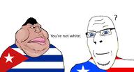 2soyjaks angry aryan blond blue_eyes brown_skin closed_mouth clothes country cuba cuba_vs_puerto_rico fat flag flag:cuba flag:puerto_rico glasses hair lips meximutt obese puerto_rico raised_eyebrow smile soyjak stubble subvariant:nucob text tshirt variant:cobson variant:meximutt yellow_sclera // 969x527 // 84.3KB