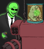 cyborg glasses green_skin machine_gun mecha meta:trendy_tuesday namefags remote robot suit_and_tie trend:glowie trevor_(user) variant:disgusting_trevorcreature variant:spyjak // 553x610 // 116.9KB