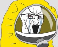 angry bloodshot_eyes clothes coronavirus_pandemic crying glasses hat hazmat_suit open_mouth soyjak stretched_mouth stubble variant:soyak // 600x480 // 36.4KB