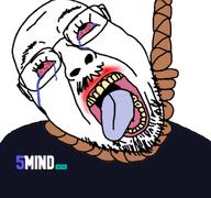 5mind ack bald black_glasses bloodshot_eyes blue_shirt crying eyebrows eyes gape gaping_mouth glasses hanging mouth nose open_mouth purple_tongue red_lips rope stubble teeth tongue tranny trans troon variant:bernd white_skin yellow_teeth // 948x890 // 333.9KB