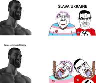 badge bloodshot_eyes closed_mouth clothes communism crying dead ear flag gigachad glasses hair hanging mustache nas:gigachad nazism open_mouth purple_hair rope russo_ukrainian_war smile soyjak stubble subvariant:chudjak_front subvariant:patrick suicide swastika text tongue tranny ukraine variant:bernd variant:chudjak yellow_teeth // 1751x1515 // 966.6KB