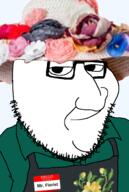 apron clothes flower flower_hat glasses green_shirt hat name_tag plant straw_hat stubble variant:smugjak wearing_hat // 654x972 // 353.0KB