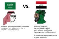 arab arabic_text beard brown_eyes brown_skin chad closed_mouth clothes concerned country flag frown glasses hajj hat husayn_ibn_ali iraq islam karbala keffiyeh looking_at_each_other mecca mustache nordic_chad religion saudi_arabia soyjak stubble subvariant:soyak_(irritated) sword text variant:soyak vs weapon // 1500x1000 // 110.5KB