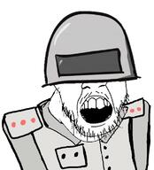 clothes helmet kaptain_bomba mustache open_mouth soyjak stubble variant:feraljak // 698x770 // 77.5KB