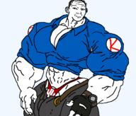 arm belt blue_shirt buff closed_mouth clothes ear glove grey_pants hair hand kolyma kuz looking_to_the_left mge smile soyjak thong torso transparent_background variant:kuzjak // 750x641 // 28.0KB