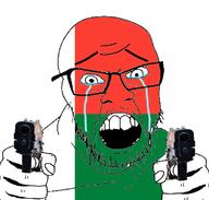 country countrywar crying flag flag:madagascar glasses gun hair hand holding_object madagascar open_mouth pistol soyjak stubble teeth variant:feraljak // 1117x1066 // 348.3KB
