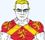 anglesey arm aryan blue_eyes british buff closed_mouth clothes ear flag flag:anglesey glasses hair lion soyjak subvariant:chudjak_front subvariant:muscular_chud tshirt united_kingdom variant:chudjak vein wales yellow_hair // 1059x929 // 255.4KB