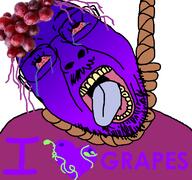 bloodshot_eyes clothes crying dead food foodjak fruit glasses gradient grape hair hanging hat heart i_love open_mouth purple_hair purple_skin rope series:fruiterz! soyjak stubble suicide text tongue variant:bernd yellow_teeth // 768x719 // 179.4KB