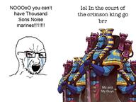 armor bloodshot_eyes chaos chaos_space_marines crying glasses musical_instrument scroll soyjak stubble sunglasses thousand_sons tzeentch variant:soyak warhammer // 1200x900 // 141.8KB