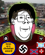 atomwaffen_division award black_hair blush brown_skin confederate confederate_flag crying flies ku_klux_klan larp mask nazism subvariant:hunky_twink_sex_machine subvariant:wholesome_soyjak swastika tear totenkopf variant:alicia variant:gapejak variant:protestantjak // 592x720 // 418.9KB