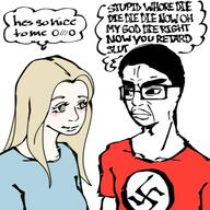 clothes female flag flag:nazi_germany glasses green_eyes nazism soyjak speech_bubble swastika text thick_eyebrows thought_bubble trad_wife tshirt variant:chudjak variant:wojak white_skin woman yellow_hair // 600x600 // 65.1KB