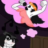 arm beanie blush blushing clothes dark_hair daydreaming door glasses hand headphones microphone musical_note open_mouth singing soyjak sunglasses thought_bubble variant:soytan // 1000x1000 // 27.1KB