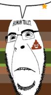 biting_lip closed_mouth coprophagia deformed discord flag frown glasses human_toilet poop pride_flag soyjak speech_bubble speech_bubble_empty star stubble subvariant:hornyson tattoo text variant:cobson 💩 // 680x1252 // 81.0KB