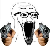 firearm glasses gun hand open_mouth pistol pointing pointing_at_viewer soyjak stubble subvariant:wewjak variant:soyak weapon // 234x216 // 58.2KB