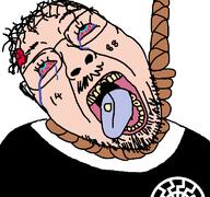 1488 bloodshot_eyes blue_eyes clothes cracked_teeth crying glasses hanging nazism rope sonnenrad soyjak stubble tattoo tongue variant:bernd white_skin // 768x719 // 42.3KB