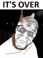 bloodshot_eyes clenched_teeth closed_eyes clothes crying dark glasses hanging hat its_over monster ominous rope sad scary schizo shadow soyjak stubble suicide text tin_foil variant:feraljak wrinkles // 901x1221 // 177.5KB