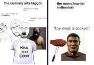 2soyjaks ancestral_whispers chef closed_mouth cooking cro_magnon glasses hairy open_mouth steak variant:ignatius variant:markiplier_soyjak variant:unknown // 1312x901 // 399.9KB
