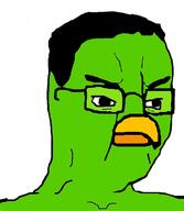 angry animal beak bird closed_mouth duolingo glasses green_skin hair no_nose owl soyjak variant:chudjak // 408x469 // 36.9KB