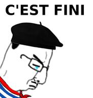 beret closed_eyes closed_mouth clothes crying france french_text frown glasses hat its_over mustache sad scarf side_profile soyjak striped_clothing text variant:chudjak // 659x692 // 81.9KB