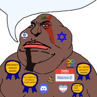 Warrior-Z(user) angry arab autism award brown_skin discord facial_mark fat flag flag:israel flag:transgender_pride_flag forehead_mark goatee gynaecomastia hello_my_name_is_(sticker) islam kratos looking_to_the_left mutt namefag_drama punisher_face slave speech_bubble speech_bubble_empty star_and_crescent star_of_david tattoo text transheart variant:meximutt white_background will_never_be_white_award // 2000x2000 // 352.9KB
