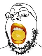 bite eating food fruit glasses juice orange_(fruit) realistic soyjak stubble variant:gapejak // 601x800 // 86.8KB