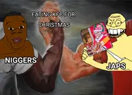 big_lips black_skin bucket christmas fried_chicken glasses hair holding_object japan kfc meta:tagme nigger paper santa_claus stubble subvariant:feralnigger text variant:feraljak variant:soykio_kid yellow_skin // 2048x1472 // 354.7KB