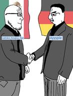 ayyyple clothes countrypeace flag flag:germany flag:mexico flags germany get godtoko handshake mexico nation relation satoko_houjou(namefag) side_profile suit variant:chudjak variant:markiplier_soyjak war // 1185x1562 // 302.2KB