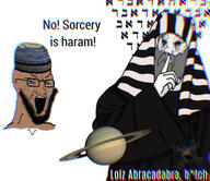 beard bloodshot_eyes brown_skin chromatic_aberration clothes conspiracy conspiracy_theory crying cult esoteric haram hat hebrew_text islam magic muslims old robe saturn schizo seething shushing stubble unity unity_cube variant:soyak variant:wojak // 1284x1110 // 932.6KB