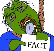 ack animal bloodshot_eyes crying dead fact frog glasses green green_skin hair hand hanging holding_object mustache open_mouth pepe pointing rope soyjak stubble suicide tongue variant:bernd yellow_teeth // 768x719 // 222.6KB