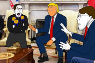 3soyjaks award brown_hair closed_mouth clothes crossed_arms donald_trump ear eyes_popping glasses irl_background jd_vance jewish_nose open_mouth orange_skin russo_ukrainian_war side_profile sitting smile soyjak stubble subvariant:sideplier suit_and_tie tongue tryzub ukraine unibrow united_states variant:cobson variant:impish_soyak_ears variant:markiplier_soyjak volodymyr_zelenskyy yellow_hair // 1280x854 // 273.8KB