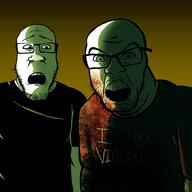 2soyjaks angry artist:soyia_agent black_shirt blood blood_on_face blood_splatter clothes concerned glasses i_love looking_at_you open_mouth red_shirt scared soyjak stubble tshirt variant:feraljak variant:markiplier_soyjak violence // 2000x2000 // 177.0KB