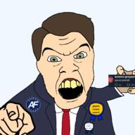 america_first angry arm award brown_hair clothes gay gayest_retard_award green_eyes groyper hand holding_object judaism necktie nick_fuentes open_mouth retard shaved soyjak suit variant:feraljak white_skin yellow_teeth // 1500x1500 // 143.7KB