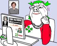 4chan 4cuck anime anonymous azumanga_daioh b_(4chan) christopher_poole closed_mouth clothes computer desktop desu glasses green_hair hair kasuga_ayumu lipstick moot oldfag painted_nails rozen_maiden smile smug soyjak sticker stubble suiseiseki text tranny variant:gapejak yotsoyba // 452x363 // 149.9KB