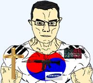 asian assault_rifleflag brown_eyes christianity closed_mouth clothes cross ear flag:south_korea glasses gun hair k2_rifle korea samsung south_korea soyjak squid_game subvariant:muscular_chud text transparent_background tshirt variant:chudjak // 1059x946 // 205.9KB