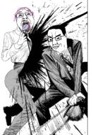 2soyjaks anime beard bisected blood bloodshot_eyes chainsaw chainsaw_man clothes dead glasses holding_chainsaw holding_object murder necktie purple_hair smile smirk suit tranny variant:bernd variant:chudjak yellow_teeth // 822x1200 // 775.4KB