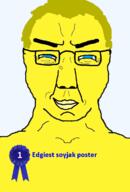 badge blue_eyes hair small_eyes smile smirk smug soyjak subvariant:chuddy text variant:chudjak yellow_hair yellow_skin // 490x724 // 60.0KB