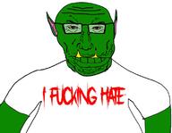 angry arm bloodshot_eyes closed_mouth clothes ear fangs glasses goblin green_skin i_hate ork punisher_face redraw soyjak stubble subvariant:science_lover tusk variant:markiplier_soyjak wrinkles // 794x616 // 70.7KB