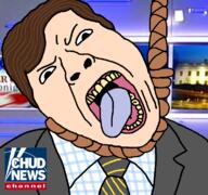 brown_hair clothes fox_news hair necktie open_mouth rope soyjak suicide teeth text tongue tucker_carlson variant:bernd white_skin yellow_teeth // 768x719 // 243.6KB