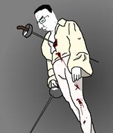arm art blood chud classical_art_parody closed_eyes clothes crying fencing frown glasses hair hand holding_object holding_sword imminent_death leg rapier side_profile stab sword torso variant:chudjak wound yukio_mishima // 453x534 // 160.1KB