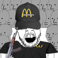 angry arm cap clothes glasses gun hand hat holding_object mcdonalds npc open_mouth rifle soyjak stubble tshirt variant:feraljak wagie // 800x800 // 317.5KB