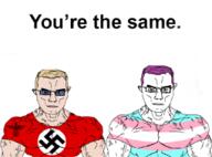 2soyjaks arm buff chud clothes flag:nazi_germany flag:transgender_pride_flag glasses hair meta:low_resolution nazism purple_hair subvariant:muscular_chud swastika text tranny variant:chudjak yellow_hair you're_the_same // 255x188 // 36.6KB