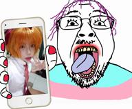 bow bowtie clothes cosplay glasses hair hand holding_object holding_phone iphone irl irl_background lipstick mymy necktie ongezellig open_mouth orange_hair painted_nails phone purple_hair soyjak stubble template tongue tranny variant:bernd yellow_teeth // 872x720, 9.3s // 3.7MB