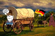 1850 2soyjaks biting_lip cowboy_hat feather flag:germany germanic germany iowa native_american redskin variant:cobson variant:impish_soyak_ears wagon // 900x597 // 1.1MB