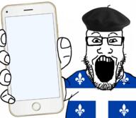 arm beret canada clothes country flag flag:quebec france glasses hand hat holding_object holding_phone iphone open_mouth phone quebec soyjak stubble subvariant:phoneplier subvariant:phoneplier_vertical template tshirt variant:markiplier_soyjak // 2160x1884 // 1.3MB