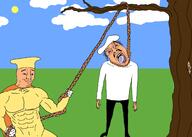 2soyjaks bloodshot_eyes buff cap chef closed_mouth clothes cloud crying drawn_background eyelashes full_body glasses hair hanging hat holding_object holding_rope lynching mustache open_mouth pizza_tower rope smile soyjak stubble sun tongue tree variant:bernd variant:chudjak video_game yellow_teeth // 2100x1500 // 486.9KB