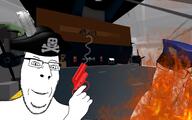 2soyjaks angry arm blood bloodshot_eyes clenched_teeth clothes cracked_teeth ear fire flare_gun glasses gun hand hat holding_object mustache pirate pirate_hat police_hat red_eyes roblox soyjak stubble subvariant:nucob variant:cobson video_game yellow_teeth zeppelin_wars // 1920x1200 // 1.9MB
