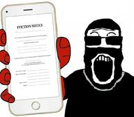 clothes eviction_notice glasses glove holding_object holding_phone iphone mask open_mouth paper phone soyjak subvariant:phoneplier subvariant:phoneplier_vertical sunglasses text variant:markiplier_soyjak // 1031x900 // 63.3KB