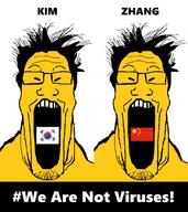 2soyjaks asian china flag flag:china flag:south_korea glasses kim open_mouth small_eyes south_korea soyjak stretched_mouth stubble text variant:markiplier_soyjak yellow_skin zhang // 1183x1331 // 106.1KB