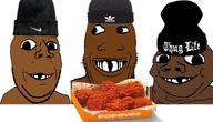 baby beanie black_skin deformed deformed_trio fried_chicken popeyes subvariant:emmanuel subvariant:grinlook_poggers subvariant:nathaniel subvariant:wholesome_soyjak trio variant:gapejak variant:markiplier_soyjak // 2039x1166 // 1.3MB